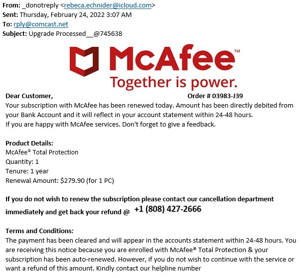picture of fake McAfee email